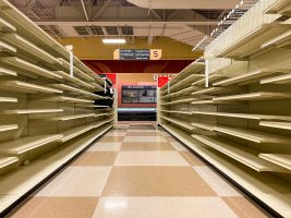 Empty,Grocery,Store,Aisle,With,No,Products,Available,On,Shelves
